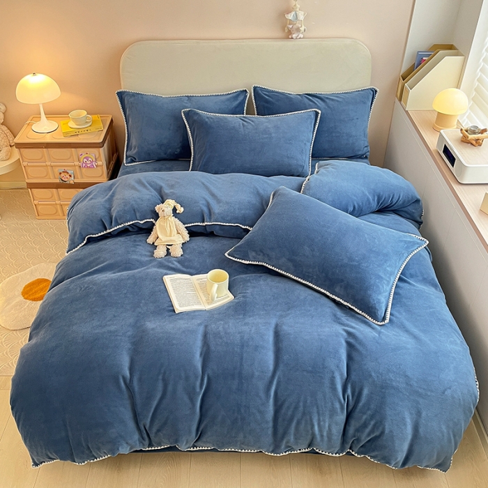 91家纺网 家纺一手货源 找家纺 安哆啦 新款贝壳边工艺牛奶绒珊瑚绒四件套单被套 宝石蓝