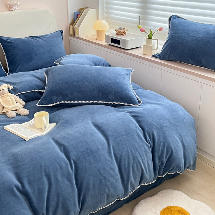 91家纺网 家纺一手货源 找家纺 安哆啦 新款贝壳边工艺牛奶绒珊瑚绒四件套单被套 宝石蓝