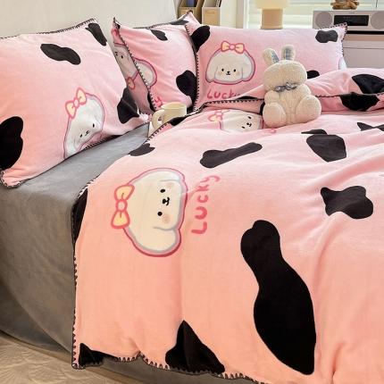 安哆啦 新款贝壳边工艺牛奶绒珊瑚绒四件套单被套 豹纹小萌狗