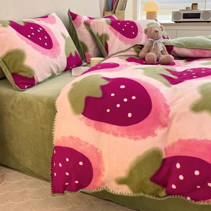 安哆啦 新款贝壳边工艺牛奶绒珊瑚绒四件套单被套 草莓甜心