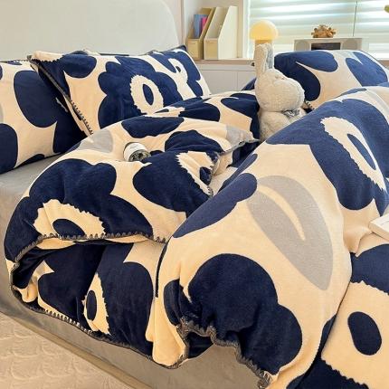 安哆啦 新款贝壳边工艺牛奶绒珊瑚绒四件套单被套 复古蓝花