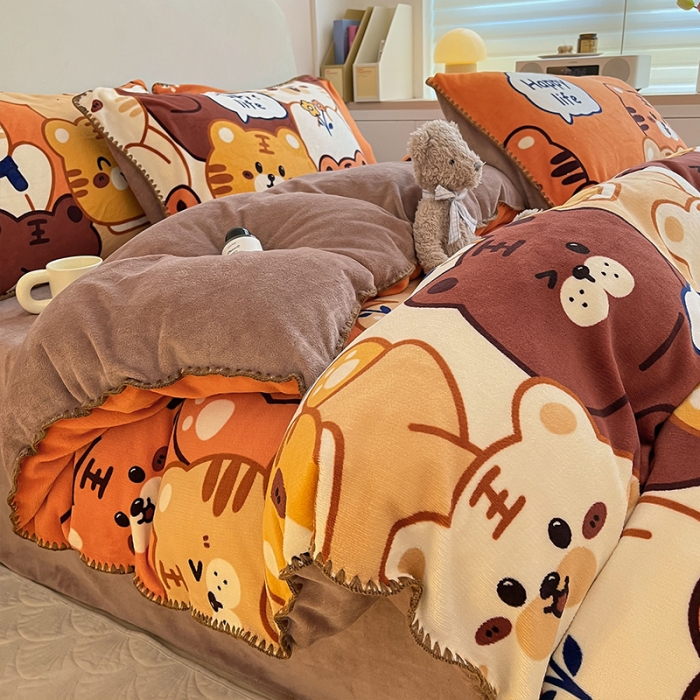 91家纺网 家纺一手货源 找家纺 安哆啦 新款贝壳边工艺牛奶绒珊瑚绒四件套单被套 虎虎乐园