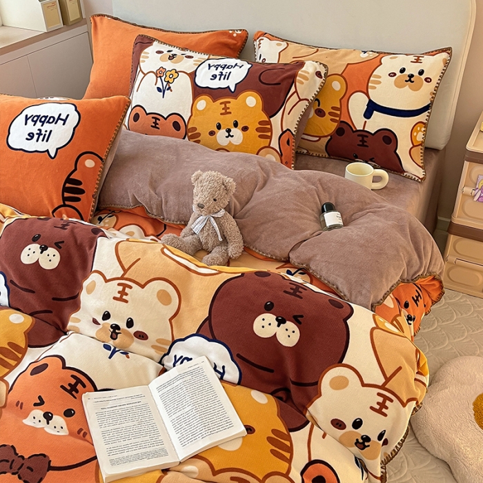 91家纺网 家纺一手货源 找家纺 安哆啦 新款贝壳边工艺牛奶绒珊瑚绒四件套单被套 虎虎乐园