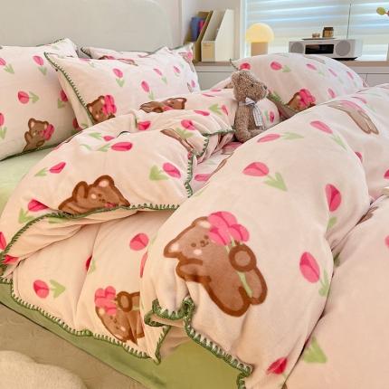 安哆啦 新款贝壳边工艺牛奶绒珊瑚绒四件套单被套 花朵熊熊