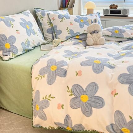 安哆啦 新款贝壳边工艺牛奶绒珊瑚绒四件套单被套 花园里