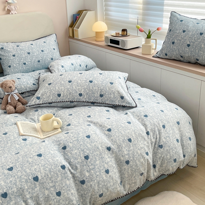 91家纺网 家纺一手货源 找家纺 安哆啦 新款贝壳边工艺牛奶绒珊瑚绒四件套单被套 蓝色小爱心