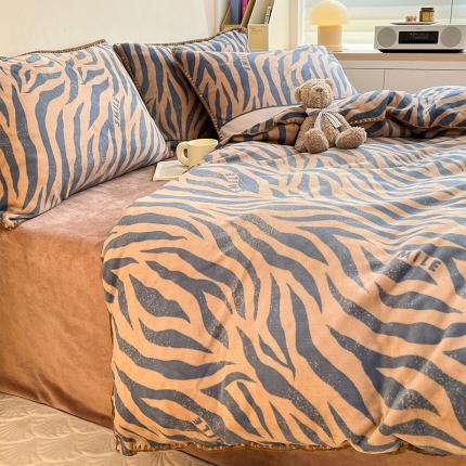 安哆啦 新款贝壳边工艺牛奶绒珊瑚绒四件套单被套 老虎纹