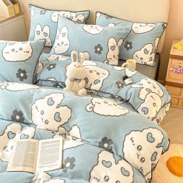 91家纺网 家纺一手货源 找家纺 安哆啦 新款贝壳边工艺牛奶绒珊瑚绒四件套单被套 萌萌兔