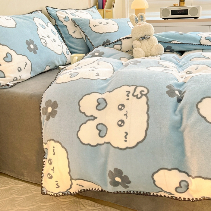 91家纺网 家纺一手货源 找家纺 安哆啦 新款贝壳边工艺牛奶绒珊瑚绒四件套单被套 萌萌兔