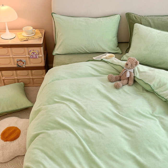 91家纺网 家纺一手货源 找家纺 安哆啦 新款贝壳边工艺牛奶绒珊瑚绒四件套单被套 嫩橘绿