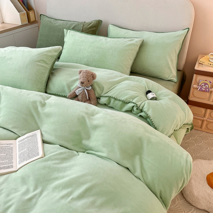 91家纺网 家纺一手货源 找家纺 安哆啦 新款贝壳边工艺牛奶绒珊瑚绒四件套单被套 嫩橘绿