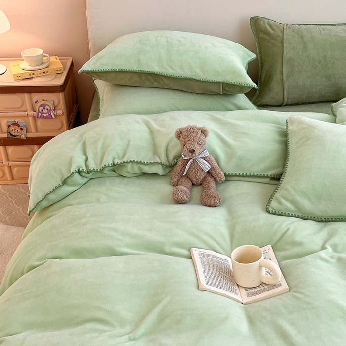 91家纺网 家纺一手货源 找家纺 安哆啦 新款贝壳边工艺牛奶绒珊瑚绒四件套单被套 嫩橘绿