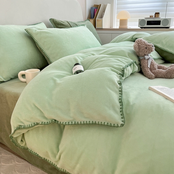 91家纺网 家纺一手货源 找家纺 安哆啦 新款贝壳边工艺牛奶绒珊瑚绒四件套单被套 嫩橘绿