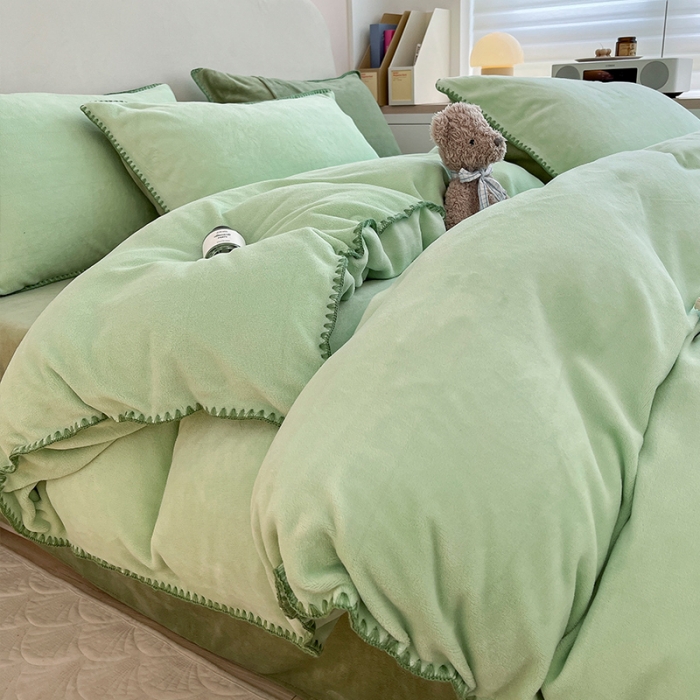 91家纺网 家纺一手货源 找家纺 安哆啦 新款贝壳边工艺牛奶绒珊瑚绒四件套单被套 嫩橘绿