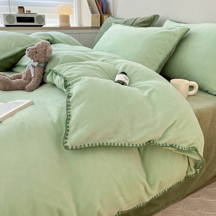 91家纺网 家纺一手货源 找家纺 安哆啦 新款贝壳边工艺牛奶绒珊瑚绒四件套单被套 嫩橘绿