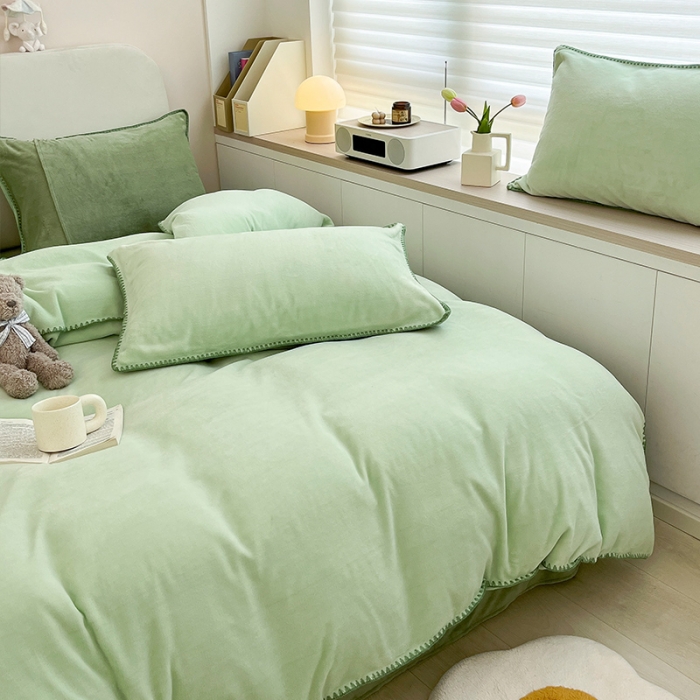 91家纺网 家纺一手货源 找家纺 安哆啦 新款贝壳边工艺牛奶绒珊瑚绒四件套单被套 嫩橘绿