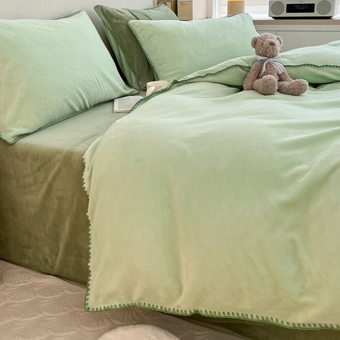 91家纺网 家纺一手货源 找家纺 安哆啦 新款贝壳边工艺牛奶绒珊瑚绒四件套单被套 嫩橘绿