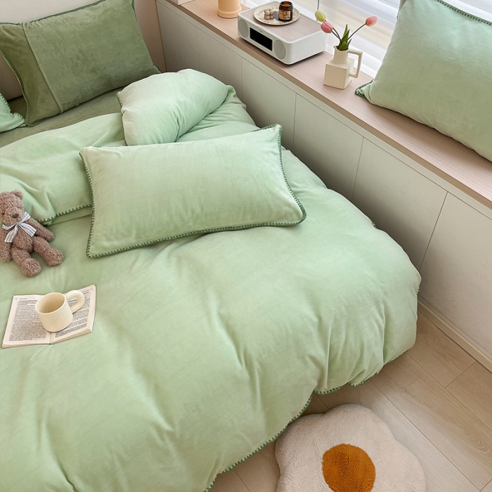91家纺网 家纺一手货源 找家纺 安哆啦 新款贝壳边工艺牛奶绒珊瑚绒四件套单被套 嫩橘绿
