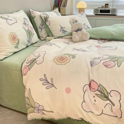 安哆啦 新款贝壳边工艺牛奶绒珊瑚绒四件套单被套 捧花小熊