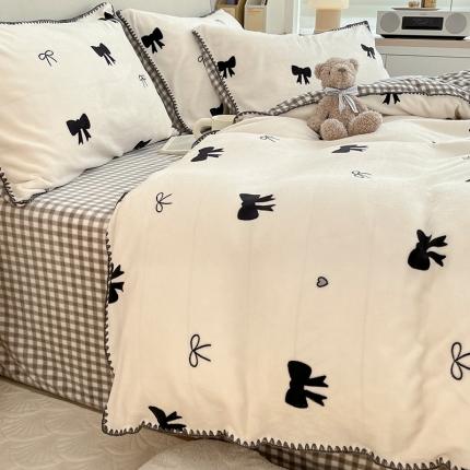 安哆啦 新款贝壳边工艺牛奶绒珊瑚绒四件套单被套 小蝴蝶结