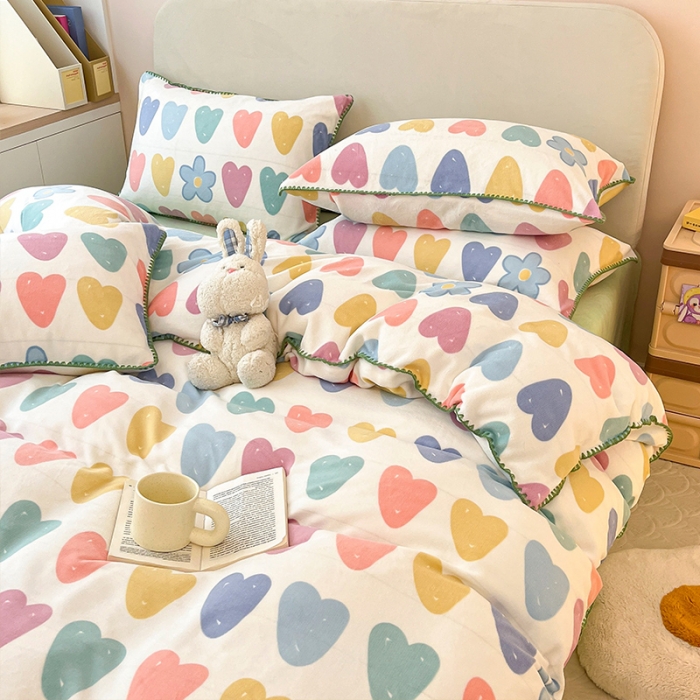 91家纺网 家纺一手货源 找家纺 安哆啦 新款贝壳边工艺牛奶绒珊瑚绒四件套单被套 心花怒放