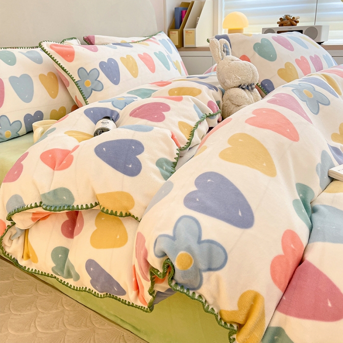 91家纺网 家纺一手货源 找家纺 安哆啦 新款贝壳边工艺牛奶绒珊瑚绒四件套单被套 心花怒放