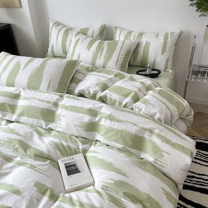 雅居纺家纺 2022新款13070全棉印花四件套 奶油绿豹纹