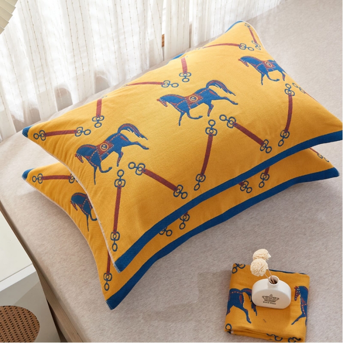 91家纺网 家纺一手货源 找家纺 朴尔 全棉多彩四层纱布枕巾 52*78cm一对装 皇冠马-黄