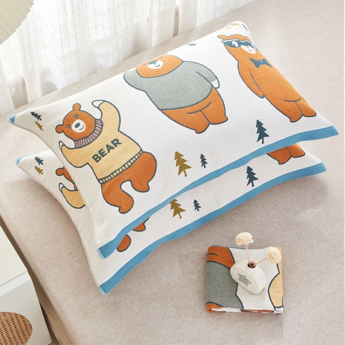 91家纺网 家纺一手货源 找家纺 朴尔 全棉多彩四层纱布枕巾 52*78cm一对装 三只熊-蓝