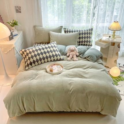 91家纺网 家纺一手货源 找家纺 HL原创 2022新款纯色混搭牛奶绒四件套 牛油果绿格