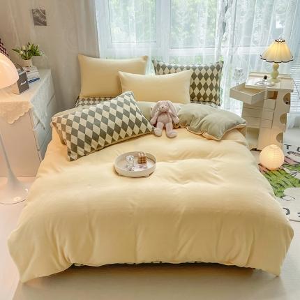 91家纺网 家纺一手货源 找家纺 HL原创 2022新款纯色混搭牛奶绒四件套 黄绿格