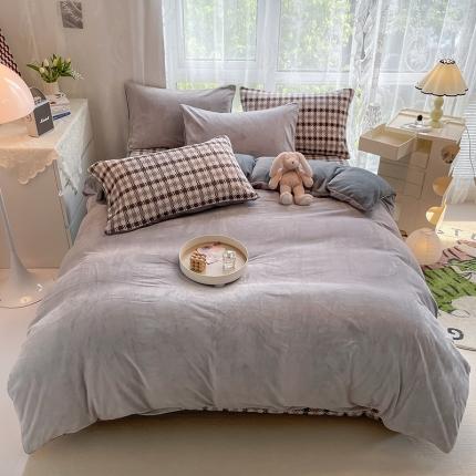 91家纺网 家纺一手货源 找家纺 HL原创 2022新款纯色混搭牛奶绒四件套 灰配格