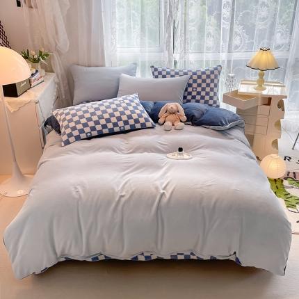 91家纺网 家纺一手货源 找家纺 HL原创 2022新款纯色混搭牛奶绒四件套 兰格配