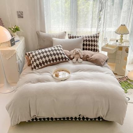 91家纺网 家纺一手货源 找家纺 HL原创 2022新款纯色混搭牛奶绒四件套 奶咖色