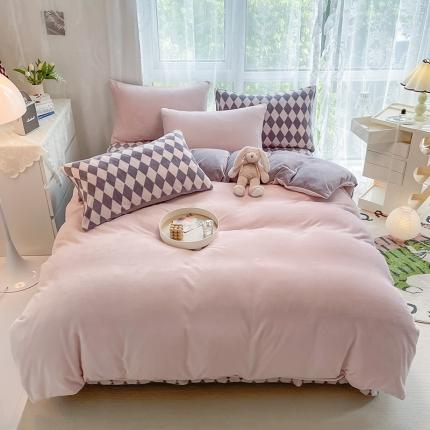 91家纺网 家纺一手货源 找家纺 HL原创 2022新款纯色混搭牛奶绒四件套 香芋色配紫格