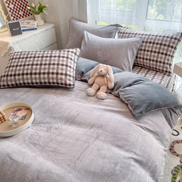 91家纺网 家纺一手货源 找家纺 HL原创 2022新款纯色混搭牛奶绒四件套 灰配格