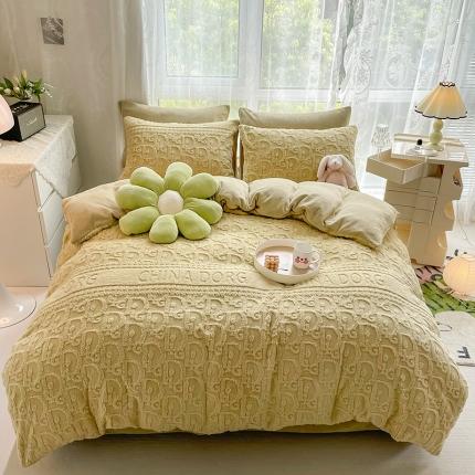 91家纺网 家纺一手货源 找家纺 HL原创 2022新款色织提花牛奶绒四件套 提花绒-姜黄