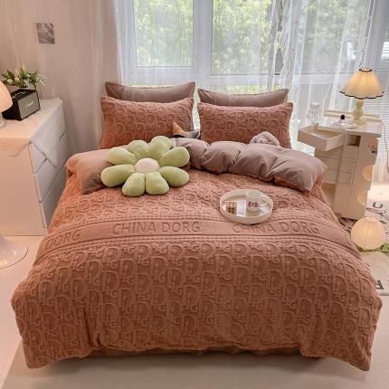 91家纺网 家纺一手货源 找家纺 HL原创 2022新款色织提花牛奶绒四件套 提花绒-焦糖