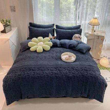 91家纺网 家纺一手货源 找家纺 HL原创 2022新款色织提花牛奶绒四件套 提花绒-深蓝