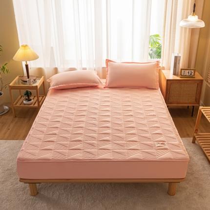 91家纺网 家纺一手货源 找家纺 乐视 2024新款A类纯色大豆纤维夹棉床笠 线条格-粉玉