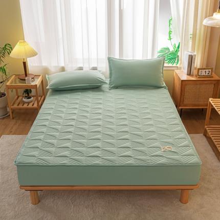 91家纺网 家纺一手货源 找家纺 乐视 2024新款A类纯色大豆纤维夹棉床笠 线条格-果绿