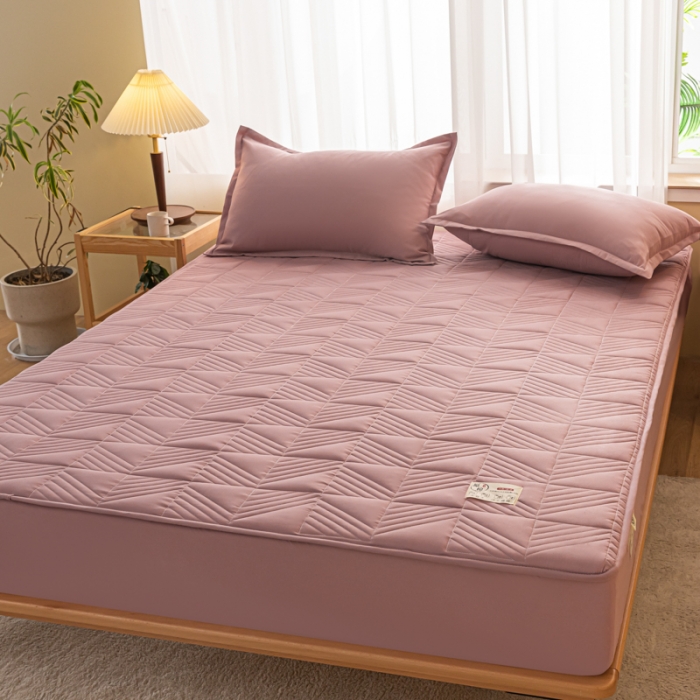 91家纺网 家纺一手货源 找家纺 乐视 2024新款A类纯色大豆纤维夹棉床笠 线条格-豆沙