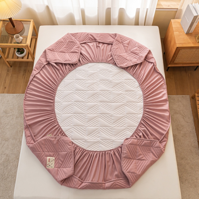 91家纺网 家纺一手货源 找家纺 乐视 2024新款A类纯色大豆纤维夹棉床笠 线条格-豆沙