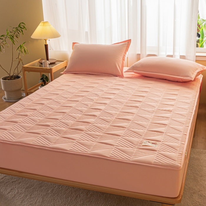 91家纺网 家纺一手货源 找家纺 乐视 2024新款A类纯色大豆纤维夹棉床笠 线条格-粉玉