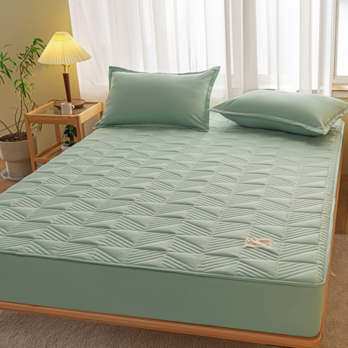 91家纺网 家纺一手货源 找家纺 乐视 2024新款A类纯色大豆纤维夹棉床笠 线条格-果绿