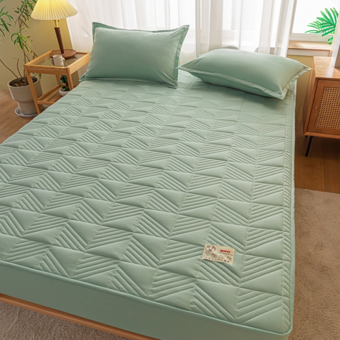 91家纺网 家纺一手货源 找家纺 乐视 2024新款A类纯色大豆纤维夹棉床笠 线条格-果绿