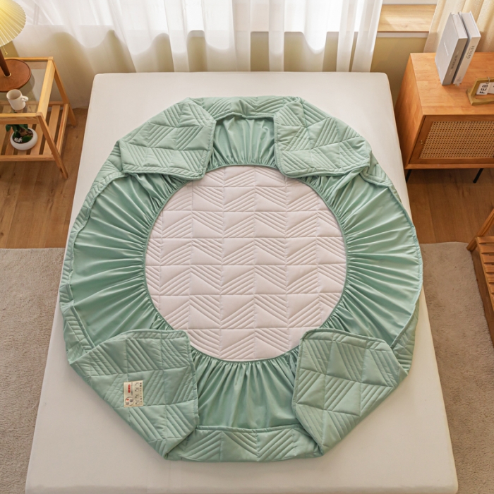 91家纺网 家纺一手货源 找家纺 乐视 2024新款A类纯色大豆纤维夹棉床笠 线条格-果绿