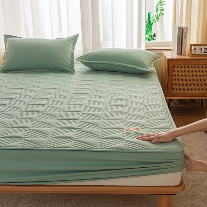 91家纺网 家纺一手货源 找家纺 乐视 2024新款A类纯色大豆纤维夹棉床笠 线条格-果绿