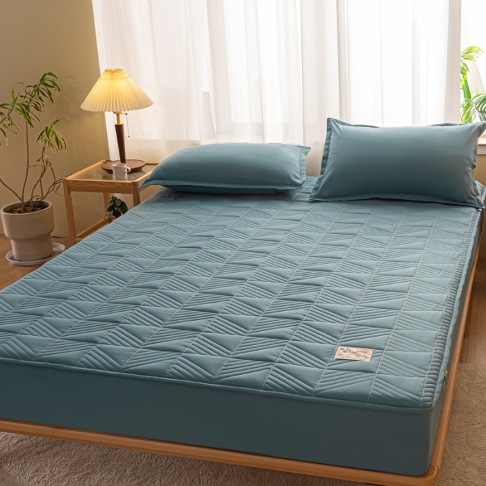 91家纺网 家纺一手货源 找家纺 乐视 2024新款A类纯色大豆纤维夹棉床笠 线条格-湖蓝