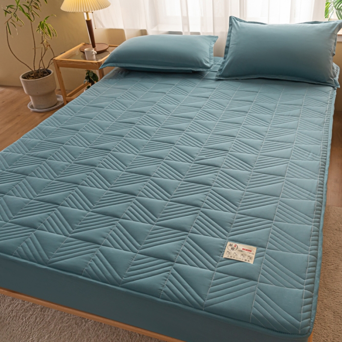 91家纺网 家纺一手货源 找家纺 乐视 2024新款A类纯色大豆纤维夹棉床笠 线条格-湖蓝